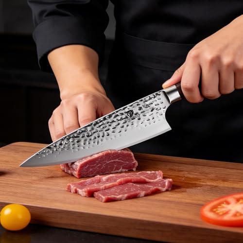imarku 8 Inch Hammered Japanese Chef Knife,Powder Steel Edge Kitchen Knife | HC Stainless Steel,Anti-Stick Ultra Sharp Blade Cooking Knife,Ergonomic Pakkawood Handle,Professional Knife Gift - color: Silver