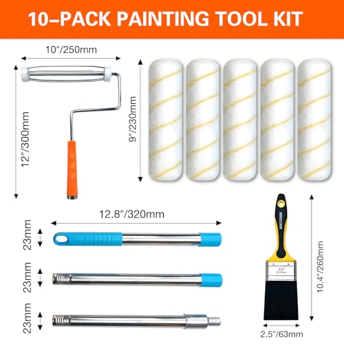 King Origin 10 PCS Paint Roller Kit, Extension Pole (4 ft) | 9" Paint Roller Covers, Roller Frame, Paint Brush, House Paint Supplies for Painting Walls, Home Interior - color: 9" Rollers, 10-Pack