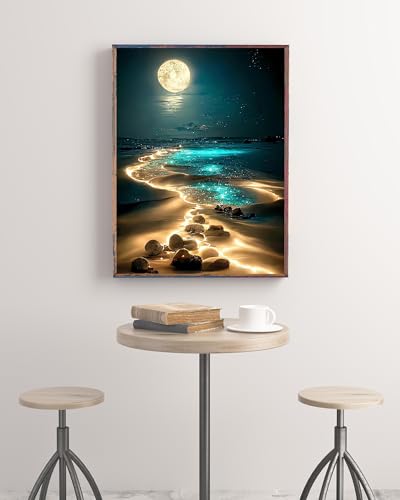 KINPLUB Moonlight Beach Diamond Painting Kits for Adults, 5D Seaside Moon Diamond Art Kits for Beginners, DIY Full Drill Paint with Diamond, Home Wall Decor 12 x 16 Inch - color: Seaside Moonlight