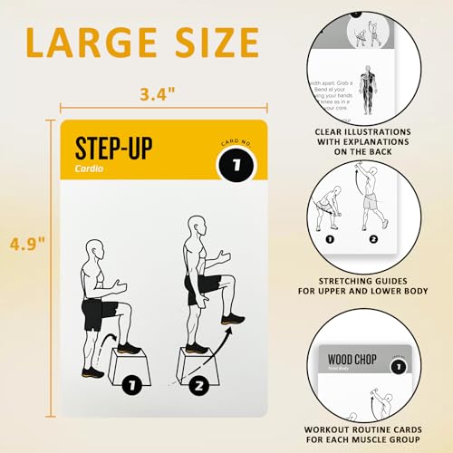 Bodyweight & Dumbbell Workout Cards - 100 Large 5"x3.5" Exercise Cards with 24 Strength Moves, Home & Gym Fitness Cards for Men & Women, Beginner Fitness Guide - color: Grey and Yellow