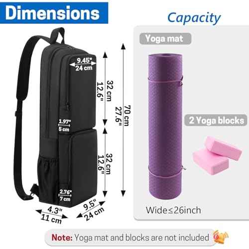 VISEMAN Yoga Mat Bag Carrier Waterproof Yoga Backpack with Multi Pockets, Lightweight Adjustable Yoga Bag for Mat, Yoga Blocks, Yoga Accessories - color: Black
