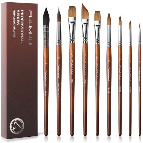 Watercolor Brushes Professional, Fuumuui 9pcs Sable Paint Brushes & Natural Squirrel Mop Brush Set with Extended Needle, Round Point, Flat, Dagger, Quill Wash for Watercolor Gouache Inks - color: Bronze