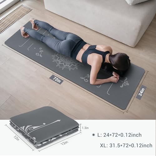 Avoalre Yoga Mat Foldable - Textured Non Slip Exercise Mat -Travel Lightweight Hot Yoga Mat with Carry Bag for Pilates & Home Workouts (72"L x 24"W x 3mm Thick), Gray