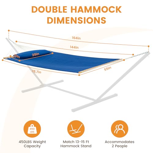 Lazy Daze 12 FT Double Hammock with Spreader Bar for Outside, Bright Blue | 2 Person Heavy Duty Hammock with Detachable Pillow and Carabiners for Outdoor Backyard Poolside, 450lbs Weight Capacity - color: Bright Blue