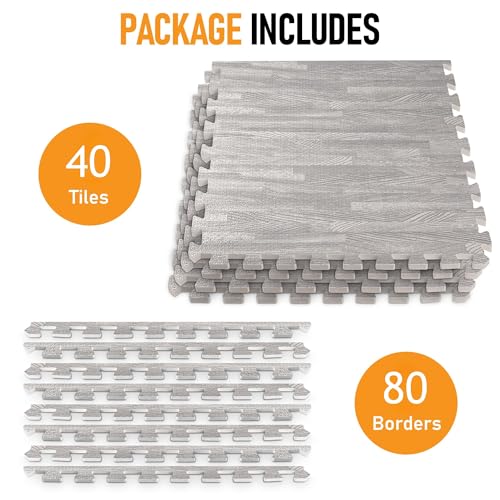 HomeCube USA 3/8" Grey Wood Interlocking Foam Floor Tiles, 160 Sq Ft | Includes 40 24x24 inch interlocking EVA foam tiles with anti-fatigue cushioning for home, office, gym & commercial spaces. - color: Grey, size: 160 Sq Ft (40 Tiles)