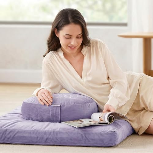 Hihealer Meditation Cushion, Traditional Tibetan Velvet Meditation Pillow | Buckwheat Yoga Bolster, Large Floor Cushion & Pillow for Adults, Zafu Zabuton Set, Zen Meditation Mat - color: Romantic Purple(set)
