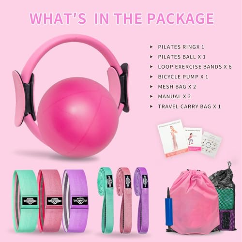 DICYWUDI Pilates Essentials Kit for Home Women, Pilates Equipment for Workouts, 6 Fabric Resistance Bands, 12 Inch Magic Circle Yoga Ring, Mini Exercise Ball, Great Exercise Equipment - color: 8pcs Pink set