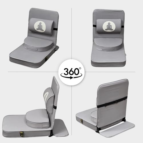 Friends Of Meditation Relaxing Buddha Meditation Chair | Detachable Rectangular Back Support & Zafu Cushion | Portable Folding Chair | with Back Support | Yoga Chairs for Adults | Grey - color: Grey