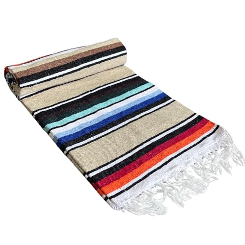 Open Road Goods Authentic Mexican Serape Blanket – 100% Cotton Falsa Throw - Multi-Color Handmade Blanket/Classic Striped Falsa Beach Blanket (Tan/Beige) - color: Tan/Beige