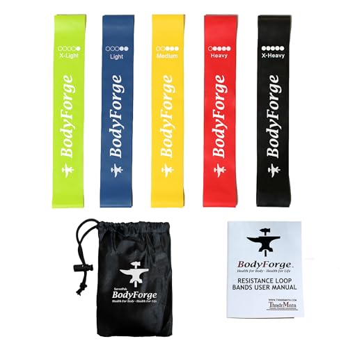 BodyForge Yoga Mat Thick Exercise Mat Thick Non-Slip Extra Thick High-Density Pilates & Resistance Exercise Loop Exercise Bands with Instruction Guide and Carry Bag, Set of 5 Bundle - color: Purple