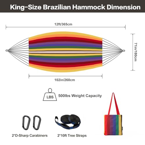 Brazilian Double Hammock with Tree Straps, King Size, 500 lbs Capacity | Soft Woven Cotton Fabric, 102 × 71 in , 2-Person Hammock with Carry Bag for Backyard, Patio, Outdoor, Blue Green Stripe - color: Blue Green Stripe, size: XX-Large
