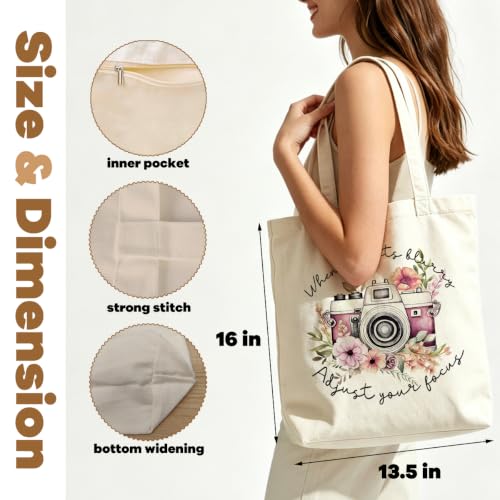 VICBOU Vintage Camera Canvas Tote Bag for Women Birthday,Mental Health Shoulder Bag with Pocket for Grocery Shopping Beach - color: Camera03
