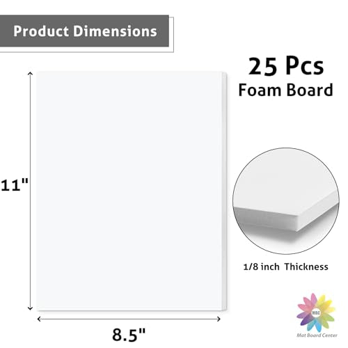 Mat Board Center 8.5x11x1/8" White High-Grammage Foam Core Board Pack of 25 | Acid Free, Polystyrene, Warp-Resistant, Double-Sided Foam Poster Board, Easy to Cut & Write for Display, Draw, Crafts & Art - color: White, size: 8.5x11