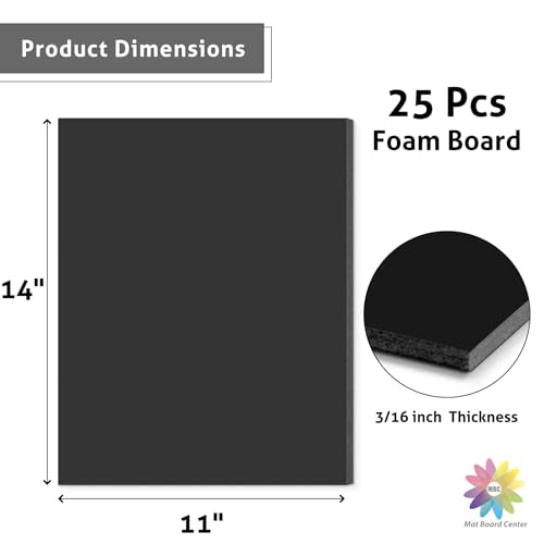 Mat Board Center 11x14x3/16" Black High-Grammage Foam Core Board Pack of 25 | Acid Free, Polystyrene, Warp-Resistant, Double-Sided Foam Poster Board, Easy to Cut & Write for Display, Draw, Crafts & Art - color: Black, size: 11x14
