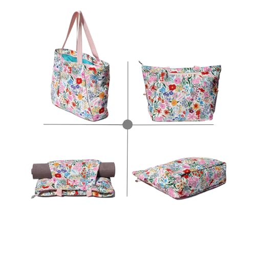 ESVAN Yoga Tote Bag for Women Drawstring Canvas Shoulder Bags for Workout Travel Carryall Pilates Gym and Beach - color: Pink Flower