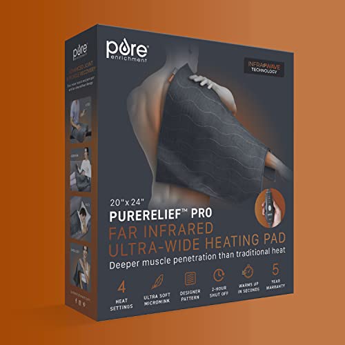 Pure Enrichment PureRelief Pro Far Infrared Ultra-Wide Heating Pad - Muscle Relief for Back, Neck, Shoulder, & Knee Pain in Athletes, 4 Heat Settings, Dry/Moist Heat, 20” x 24” Wide Size (Iron Gray) - size: 20” x 24”