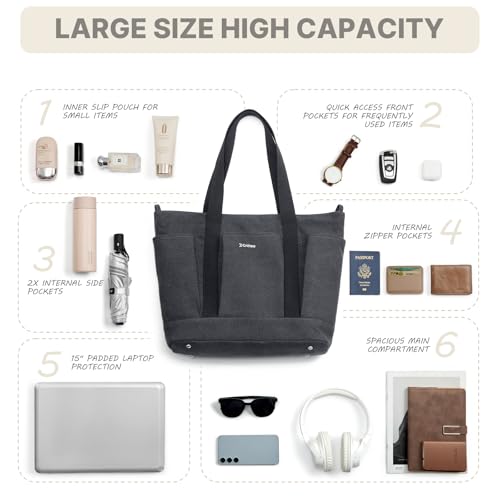 G4Free Large Canvas Tote Bag for Women with Zipper Fit 15.6" Laptop, Everything Tote Bags with Pockets for Work, Travel - color: Black