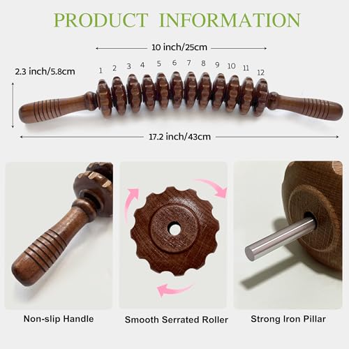 Wood Therapy Massage Roller Stick for Muscle Relief & Cellulite Reduction | Curved 12-Wheel Massager for Legs, Body Sculpting, Wooden Massage Tools for Trigger Points Relief, Sore Muscle Recovery - color: Brown Curved-12 Rollers