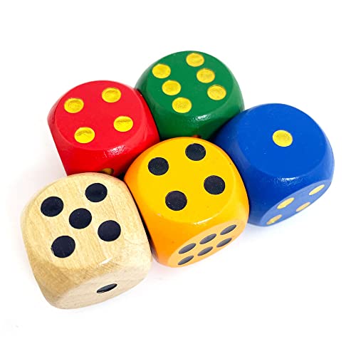 SmartDealsPro Set of 5 Random Color Large 1 1/5" Round Edge Wooden Dice (5 Colors with dots) - color: 5 Colors 5 Pieces