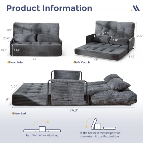 MAXYOYO Adjustable Folding Sofa Bed Couch with 2 Pillows, Dark Grey - color: Dark Grey