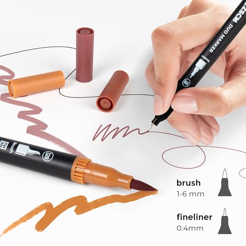 Brown Duo Tip Marker Pens, 12 Fine & Brush Tip Pen For Adult Coloring Books | No Bleeding Earth Brown Markers, Drawing Pen for Wood Texture, Animal Fur, Vintage Effects and Antique Coloring - color: 12 Brown