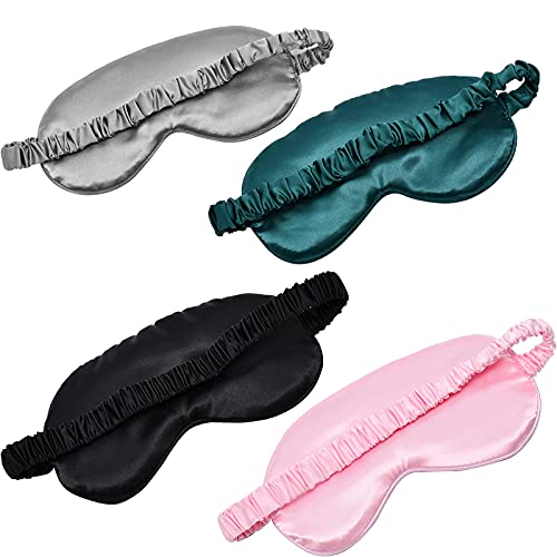 LERSVICVIL Sleep Mask 4 Pack Silk Eye Cover Soft Satin Blindfold Elastic Strap Night Eyeshade Travel Nap for Women Men - color: Black, Silver, Pink and Dark Green