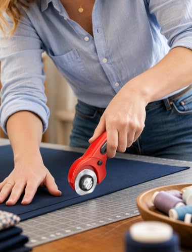 45mm Fabric Rotary Cutter with 5 Extra Blades, Ergonomic Handle | 45mm rotary cutter with five extra blades, ergonomic grip and safety lock for quilting, sewing, leather and crafts.
