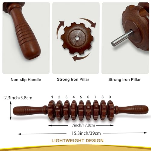 Wood Therapy Massage Roller Stick for Muscle Relief & Cellulite Reduction | Body Sculpting, 9-Wheel Massager for Legs and Thighs, Wooden Massage Tools for Trigger Points Relief, Sore Muscle Recovery - color: Coffee