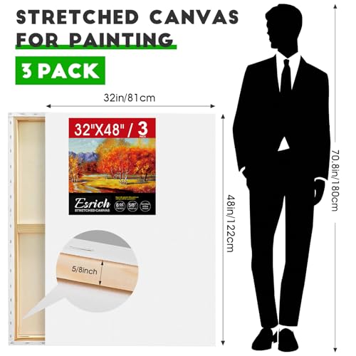 ESRICH Stretched Canvas for Painting 32x48 Inch, 3Pack Large Canvas for Painting, Primed Acid-Free Cotton Blank Canvases, Art Paint Canvases for Oil Paint,Watercolor,Acrylic Paint,Gouache and Tempera. - size: 32x48in-3Pack