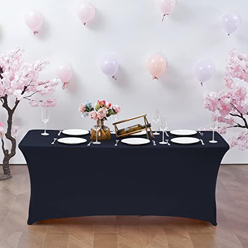 CWK 8FT Stretch Spandex Fitted Tablecloth,Rectangular Table Cover,Navy Blue | Fits 96x30" rectangular folding tables.Wrinkle & stain resistant stretch fabric.Ideal for parties,weddings & vendor events - color: Navy Blue, size: 96" x 30" (Rectangular)