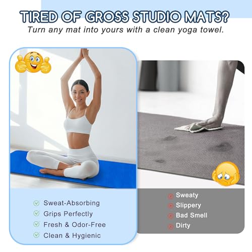 Yoga Mat Towel, Extra Thick (600GSM) Soft Hot Yoga Towel, Non-Slip and Sweat Absorbent for Hot Yoga, Bikram, Pilates, and Fitness, 72" x 27.5", Dual-Color, Grey/Blue - color: Dark Blue, size: 72"x27.5"