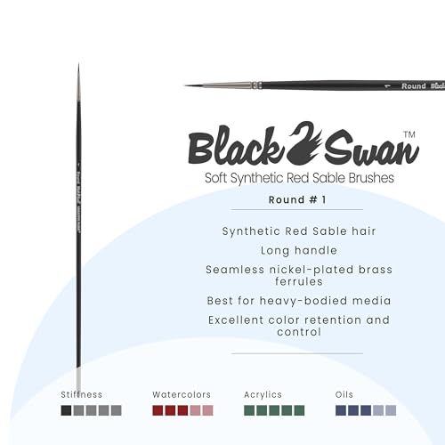 Black Swan Synthetic Red Sable Round Paint Brushes - Round Size # 1 - Professional Quality Long Handle Paint Brushes for Oil, Heavy Body Media and Acrylic - Artists of All Levels - size: Size 1