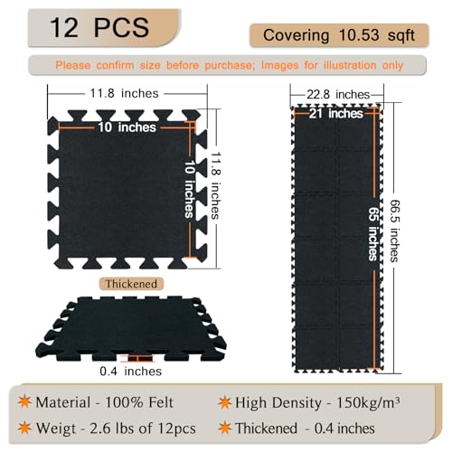 BXI Puzzle Exercise Mat 12 Pcs, 11 x 11 x 0.4 inches, High Density Noise Reduction Puzzle Felt Rug Mat, Non Slip Interlocking Floor Tiles for Workout, Gymnastics and Home Gym Protective Flooring - size: 0.4" Thickness, 12 Pcs