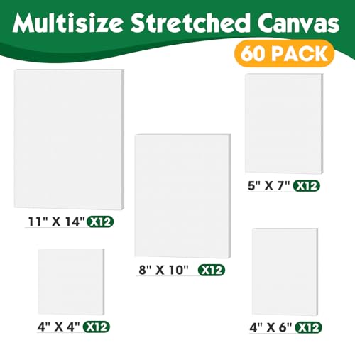 ESRICH Stretched Canvas for Painting, 60 Pack Multi Size11x14, 8x10, 5x7, 4x6, 4x4, Blank Primed Canvases for Oil & Acrylic Painting, Painting Canvas Supplies for Beginners, Artists(12 of Each). - size: 60PCS-5sizes(12 of Each)