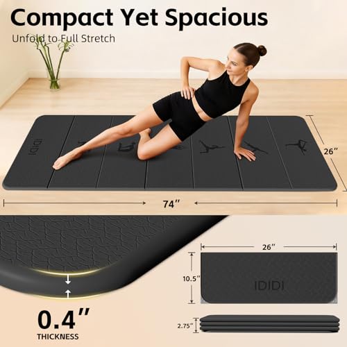 Foldable Yoga Mat Extra Thick 0.32"(8mm) | Folding Exercise Mat,Odorless POE, Non-Slip Grip, No-Curl Edges, Great for Yoga, Pilates & Home Workouts - color: Black-Pattern