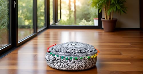 INDIAN CRAFT CASTLE ICC Black Elephant Mandala Barmeri Large Floor Pillow Cover Cushion Meditation Seating Ottoman Throw Cover Hippie Decorative Zipped Bohemian Pouf Ottoman Cases 16" Round - color: Black and White, size: 16"D x 16"W x 5"H