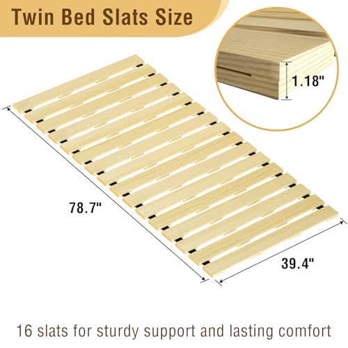 Japanese Tatami Mat Floor Bed, Knotless Solid Wood, Roll-Up Slatted, Bed Plate with 2 Storage Straps, Moisture-Proof and Breathable for Floor Sleeping or Futon Mattress, Twin - size: Twin