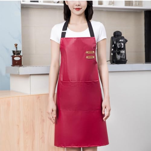 Waterproof Apron Large Pocket PU Material Waterproof Oil-proof Dust-proof Apron Black and Red - color: Red