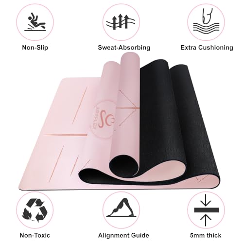 Natural Rubber Yoga Mat - Non Slip Non Toxic - 5mm Thick Yoga Mat for Hot Yoga/Pilates - Extra Large 26.8’’ with Alignment Guide - Sweat Proof - with Carrying Bag - color: Soft Rose