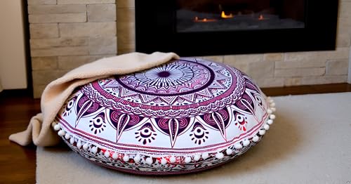 CRAFT KALA Pink Trishul Mandala Boho Floor Cushion Cover, 22"D x 22"W x 2"H, Cotton Fill, Round, Boho Chic, Indoor Use - color: Pink Trishul, size: 22"
