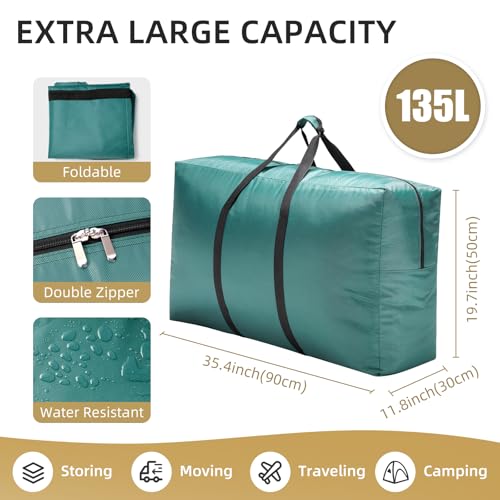 Extra Large travel duffel bag with Strong Handles, 135L Waterproof duffel bag, Durable Zippers, Extra Large Storage Totes for Camping, Space Saving and Moving Supplies, Green - color: Green, size: L - 35.4″ × 11.8″ × 19.7″