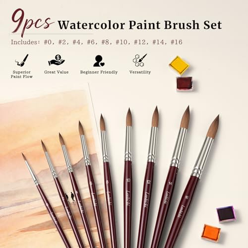Sable Hair Watercolor Brushes Professional,9pcs Round Detail Watercolor Paint Brush Set,Ideal for Gouache Acrylic Ink Painting - style: Round