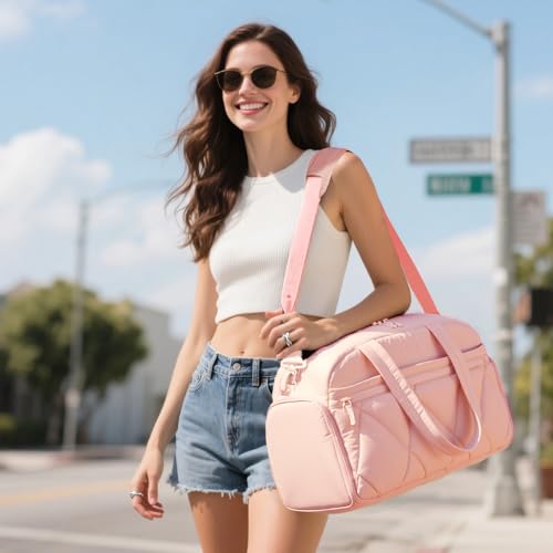 Women's Duffle Gym Bag, Carry-On Shoe Compartment for Weekender Overnight - color: Pink, size: Medium