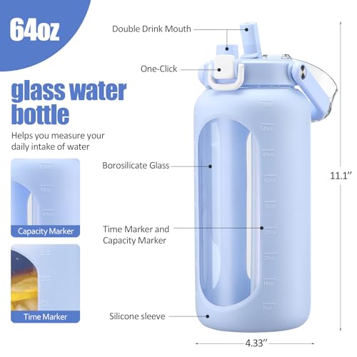 BLUEGO 64oz Glass Water Bottle with Handle and Straw, Motivational Sports Water Bottle with Time Marker and Silicone Sleeve Leakproof Drinking Bottle for Travel Gym Workout, Light Blue - color: Light Blue, size: 64 Ounces