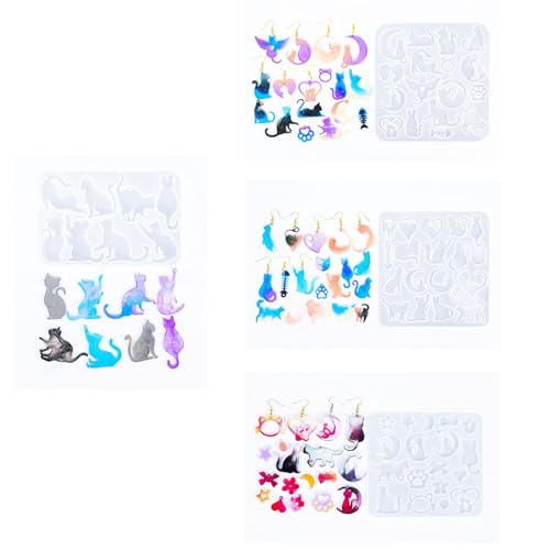 4 Piece Resin Earring Molds , 60 Unique Shapes UV Cat Resin Molds with Holes Ideal for DIY Silicone Earrings Necklaces Jewelry and Animal Designs Creative Art Gifts - color: Cat