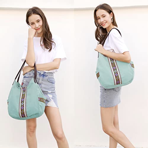 Worldlyda Women Canvas Hobo Purse Multi Pocket Tote Shopper Shoulder Bag Casual Top Handle handbag with Embroidery Ethnic - color: Mint Green