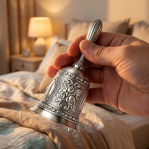 Vintage Silver Hand Bell,Dinner Bell,Embossed Metal Call Bell,2 Pack Small Retro Decorative Bells for Meditation, Home Kitchen Table Service Bell - color: Vintage Silver, size: 2-PACK