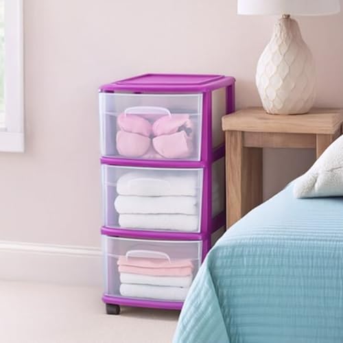 HOMZ Drawer Tower, 3-Tier Storage Cart with Removable Wheels, Purple Frame | Clear Plastic Rolling Drawers for Desk, Dresser, Cabinet, Bedroom, Bathroom, Classroom & Office - color: Purple, size: 1 Pack