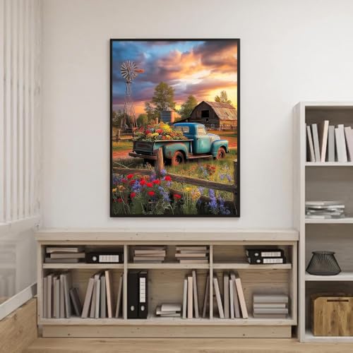 Fall Truck Diamond Art Kits for Adults, Farmhouse Diamond Painting 12X16 In | Easy 5D Diamond Art Kits, Round Dots Full Drill, DIY Diamond Painting Kit for Adult Beginners, Home Wall Decor Gifts - color: Country 05