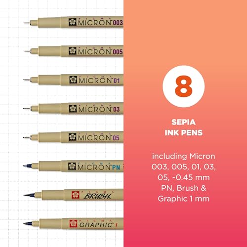 SAKURA 50048 Pigma All Sepia, Ass't Pont Sizes, 8PC Set Fine Tip Pen, 8CT, 8 Count | Archival Ink Pens for Writing, Drawing, or Journaling, Fade Resistant, Consistent Color, Professional Quality - style: Assorted Point Sizes